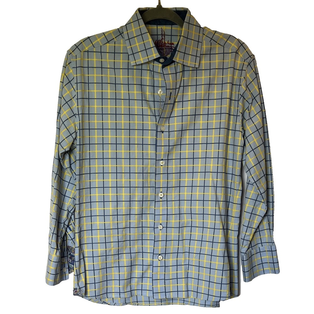 Robert Graham Shirt Medium Blue Yellow Plaid Contrast Flip Cuff Button Down